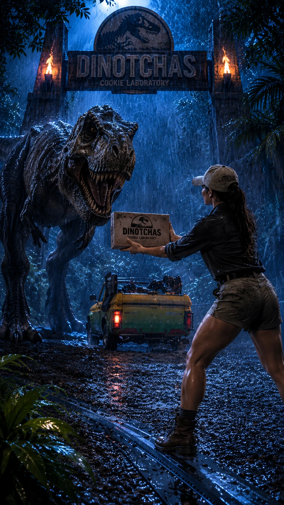 Entrega de una caja Dinotchas a un T-Rex en la puerta del laboratorio
